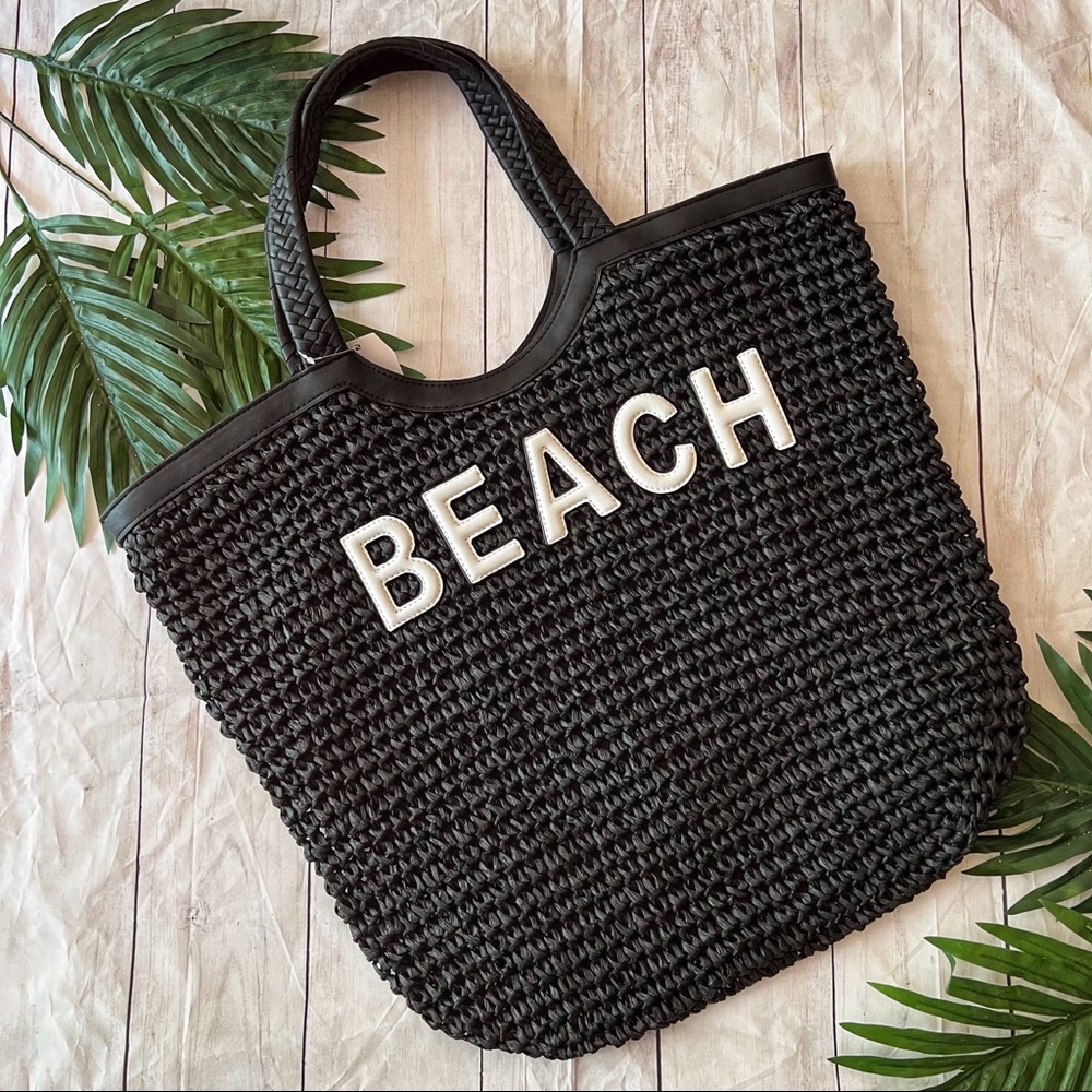 Black & White “Beach” Extra Large Woven Straw Beach Weekend Travel Tote Bag